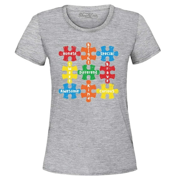 Shop4Ever Women's Autism Awareness Puzzle Pieces with Words Graphic T-Shirt Small Sports Grey