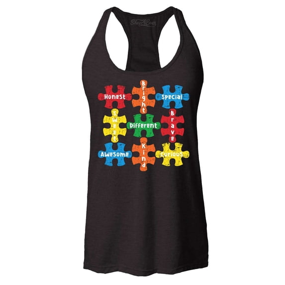 Shop4Ever Women's Autism Awareness Puzzle Pieces with Words Racerback Tank Top Large Black