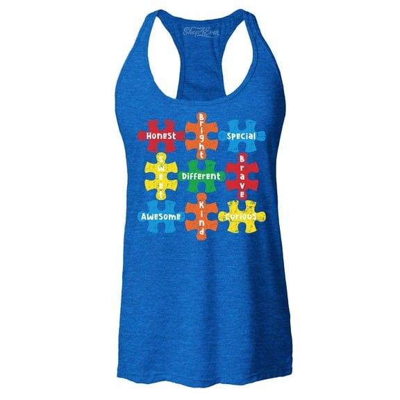 Shop4Ever Women's Autism Awareness Puzzle Pieces with Words Racerback Tank Top Large Royal Blue