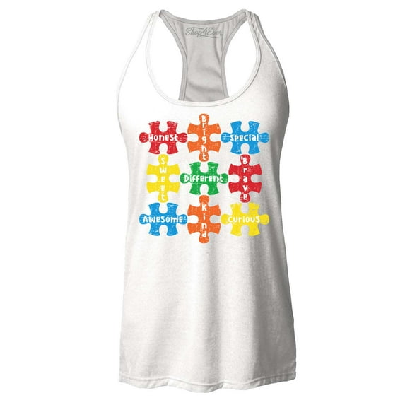 Shop4Ever Women's Autism Awareness Puzzle Pieces with Words Racerback Tank Top Medium White