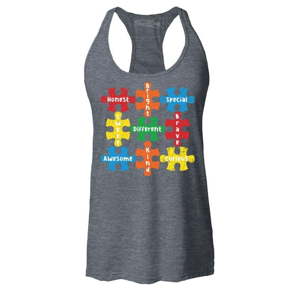 Shop4Ever Women's Autism Awareness Puzzle Pieces with Words Racerback Tank Top Small Charcoal