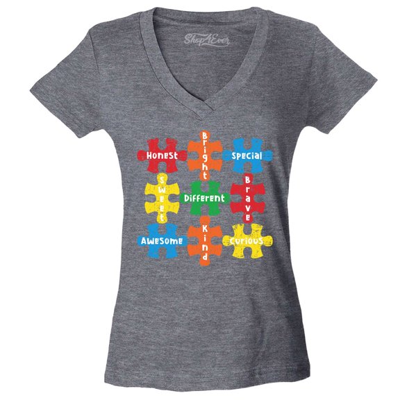 Shop4Ever Women's Autism Awareness Puzzle Pieces with Words Slim Fit V-Neck T-Shirt Large Heather Charcoal