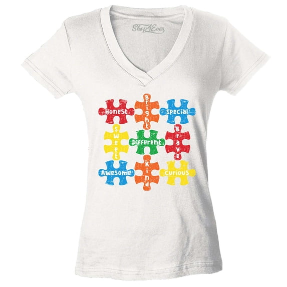 Shop4Ever Women's Autism Awareness Puzzle Pieces with Words Slim Fit V-Neck T-Shirt Medium White