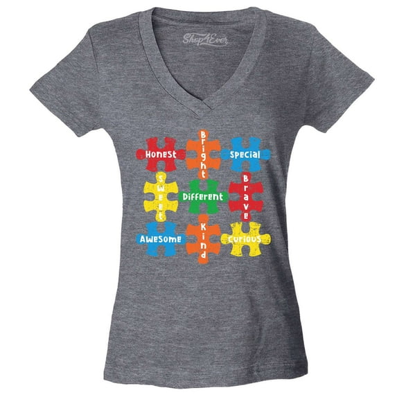 Shop4Ever Women's Autism Awareness Puzzle Pieces with Words Slim Fit V-Neck T-Shirt Small Heather Charcoal