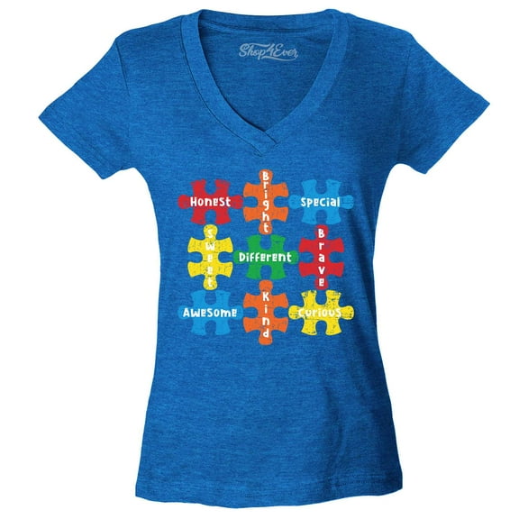 Shop4Ever Women's Autism Awareness Puzzle Pieces with Words Slim Fit V-Neck T-Shirt Small Heather Royal Blue