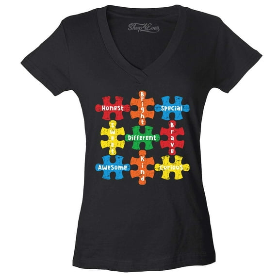 Shop4Ever Women's Autism Awareness Puzzle Pieces with Words Slim Fit V-Neck T-Shirt X-Large Black