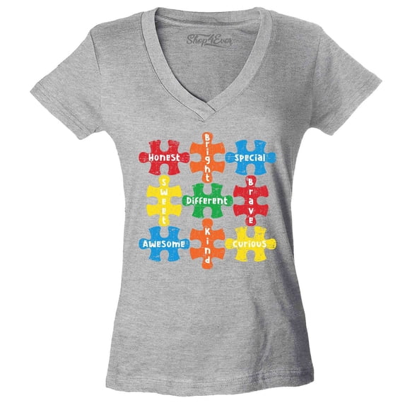 Shop4Ever Women's Autism Awareness Puzzle Pieces with Words Slim Fit V-Neck T-Shirt X-Small Sports Grey