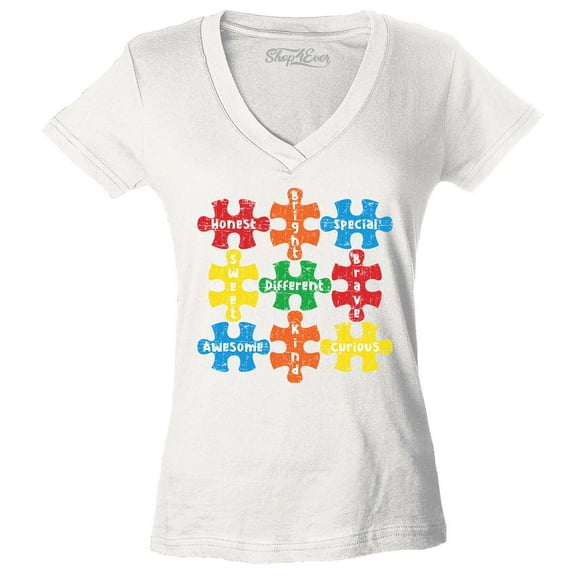 Shop4Ever Women's Autism Awareness Puzzle Pieces with Words Slim Fit V-Neck T-Shirt X-Small White
