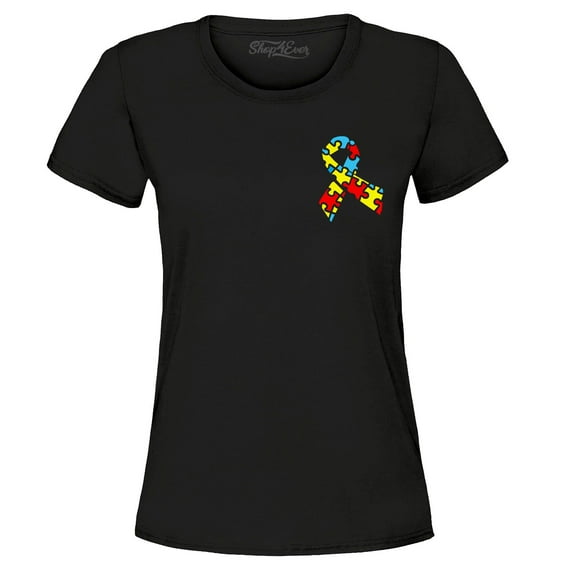 Shop4Ever Women's Autism Awareness Puzzle Ribbon Pocket Size Graphic T-Shirt Large Black
