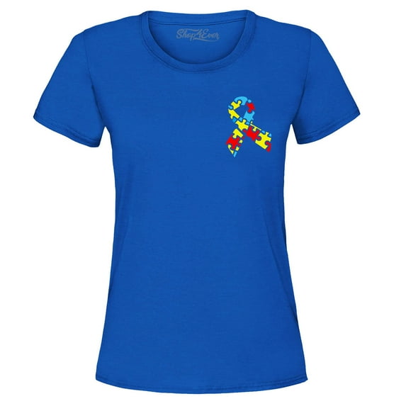 Shop4Ever Women's Autism Awareness Puzzle Ribbon Pocket Size Graphic T-Shirt XX-Large Royal Blue