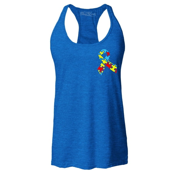 Shop4Ever Women's Autism Awareness Puzzle Ribbon Pocket Size Racerback Tank Top X-Large Royal Blue