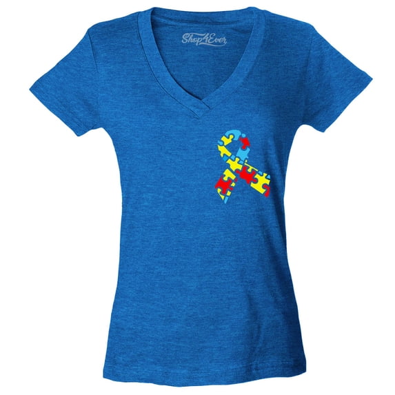 Shop4Ever Women's Autism Awareness Puzzle Ribbon Pocket Size Slim Fit V-Neck T-Shirt Small Heather Royal Blue