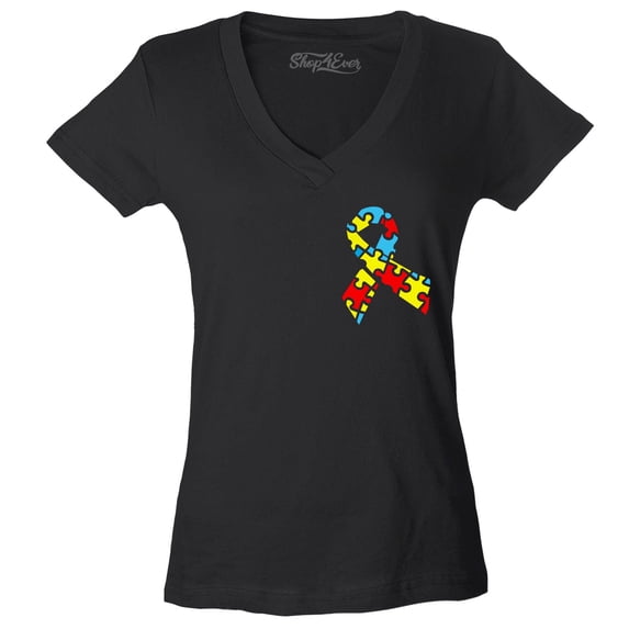 Shop4Ever Women's Autism Awareness Puzzle Ribbon Pocket Size Slim Fit V-Neck T-Shirt X-Small Black