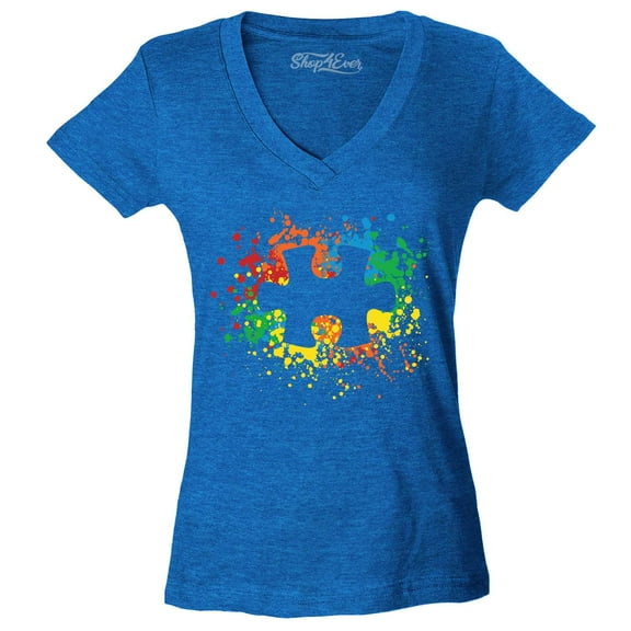 Shop4Ever Women's Autism Awareness Splatter Paint Puzzle Piece Slim Fit V-Neck T-Shirt XX-Large Heather Royal Blue