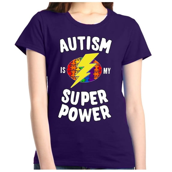 Shop4Ever Women's Autism Is My Super Power Autism Awareness Graphic T-Shirt Large Purple