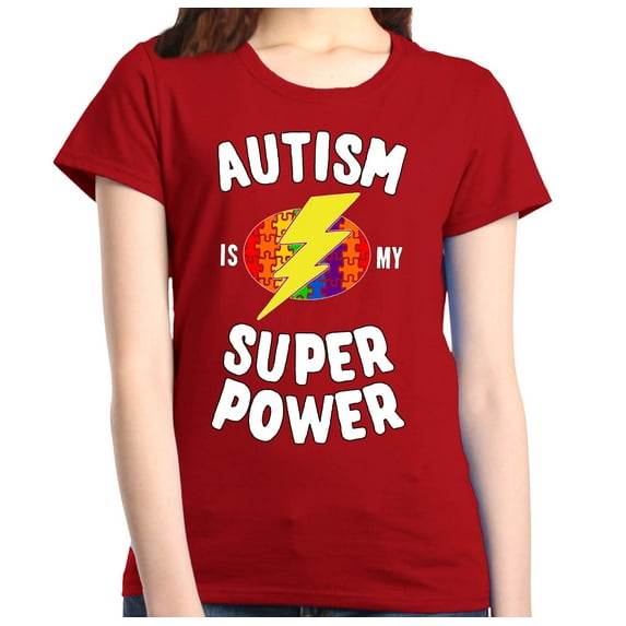 Shop4Ever Women's Autism Is My Super Power Autism Awareness Graphic T-Shirt Medium Red