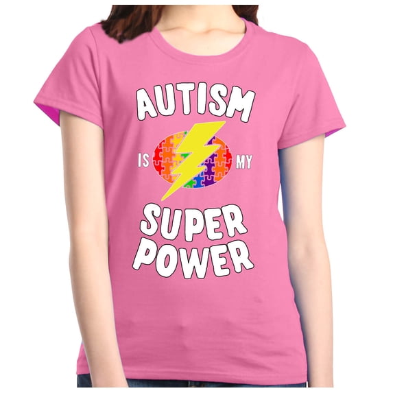 Shop4Ever Women's Autism Is My Super Power Autism Awareness Graphic T-Shirt Small Azalea Pink