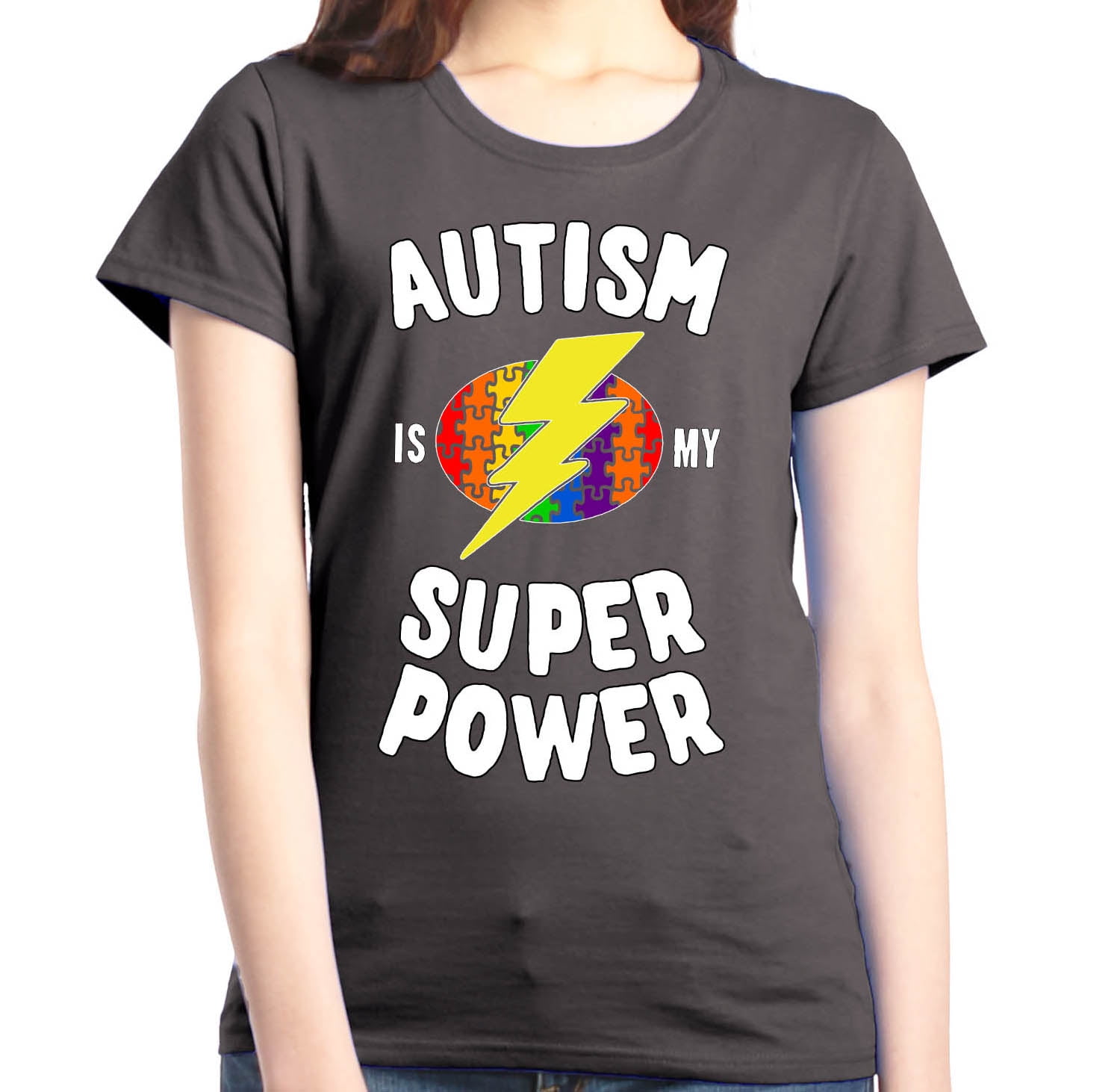 Shop4Ever Women's Autism Is My Super Power Autism Awareness Graphic T-Shirt Small Charcoal
