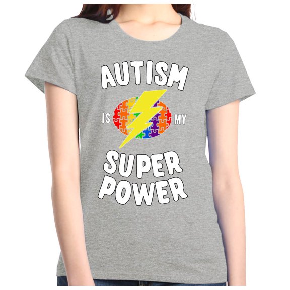 Shop4Ever Women's Autism Is My Super Power Autism Awareness Graphic T-Shirt X-Large Sports Grey