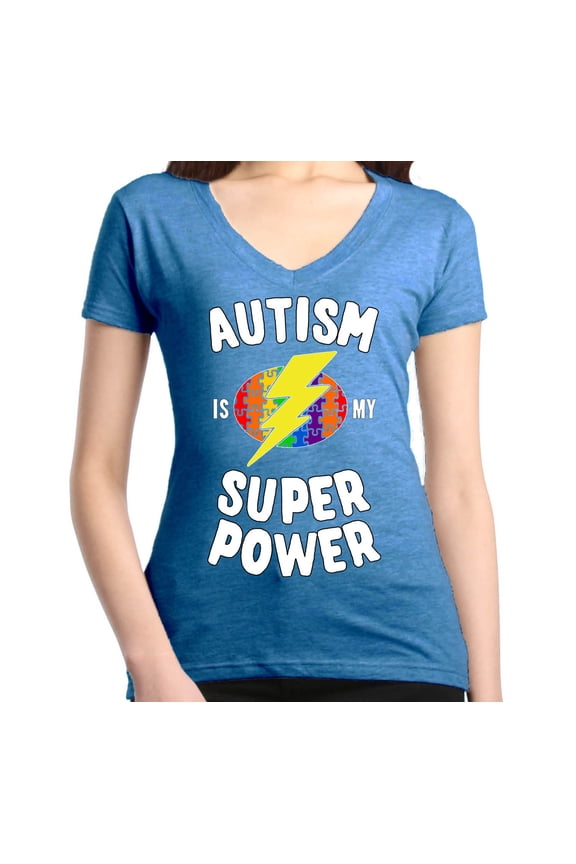 Women's Autism Is My Super Power Autism Awareness Slim Fit V-Neck T-Shirt Medium Heather Royal Blue