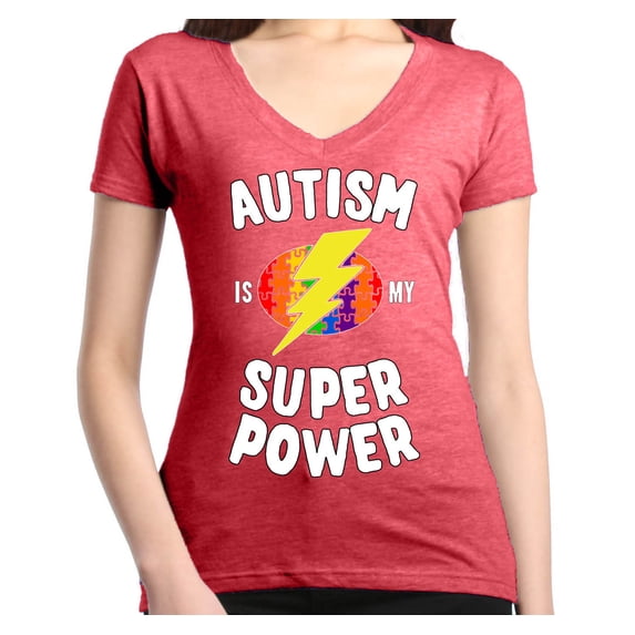 Shop4Ever Women's Autism Is My Super Power Autism Awareness Slim Fit V-Neck T-Shirt Small Heather Red