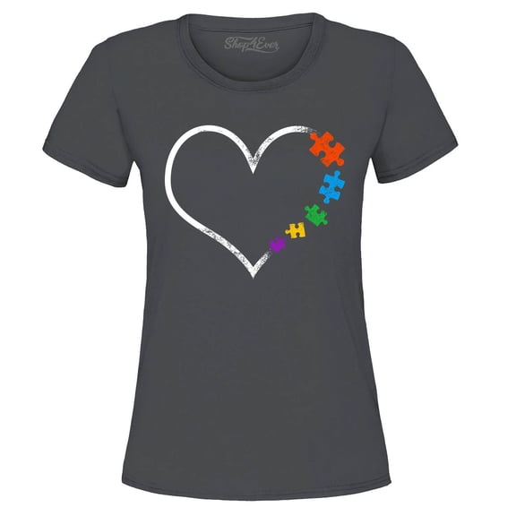 Shop4Ever Women's Autism Love Heart Puzzle Pieces Graphic T-Shirt Medium Charcoal