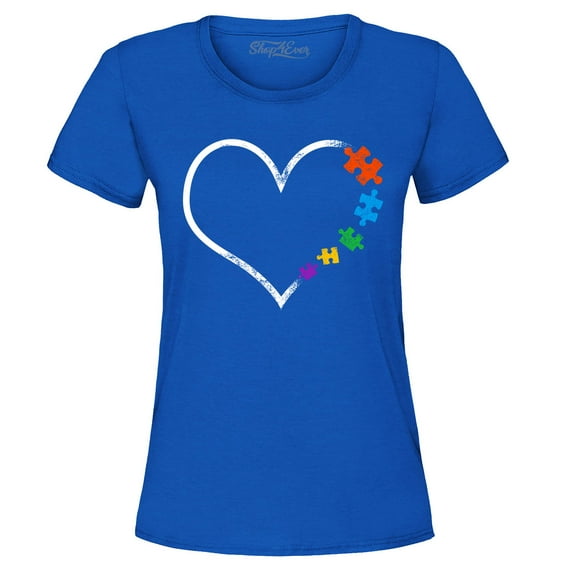 Shop4Ever Women's Autism Love Heart Puzzle Pieces Graphic T-Shirt Small Royal Blue