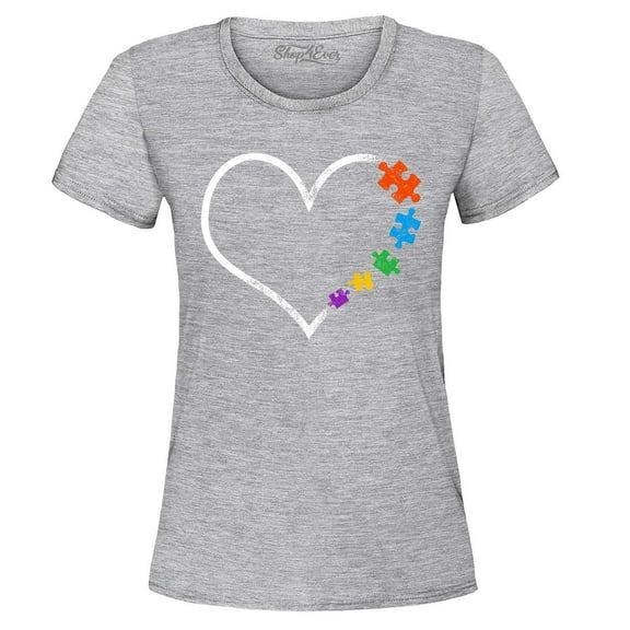 Shop4Ever Women's Autism Love Heart Puzzle Pieces Graphic T-Shirt X-Large Sports Grey