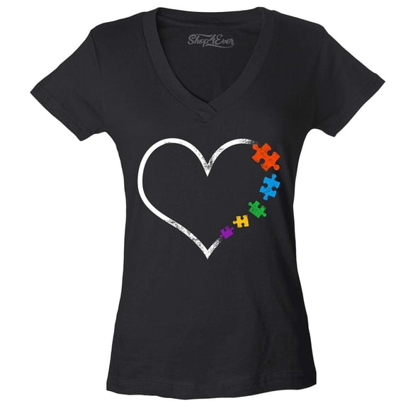 Shop4Ever Women's Autism Love Heart Puzzle Pieces Slim Fit V-Neck T-Shirt Large Black