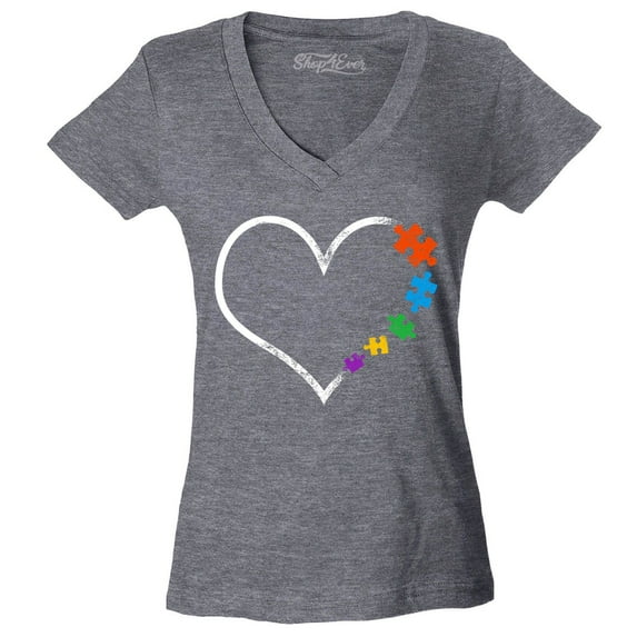 Shop4Ever Women's Autism Love Heart Puzzle Pieces Slim Fit V-Neck T-Shirt XX-Large Heather Charcoal