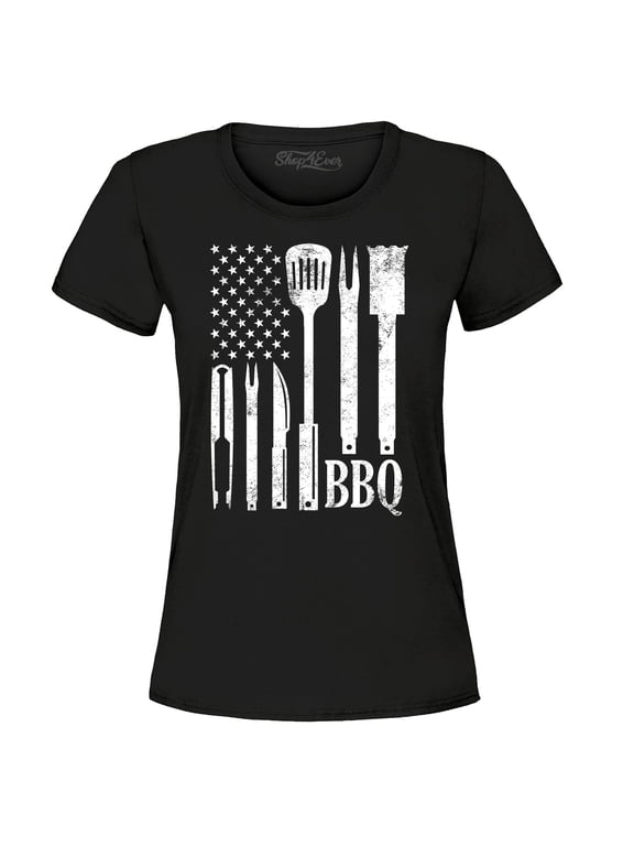 Women's BBQ American Flag USA Grill Cook Graphic T-Shirt Medium Black