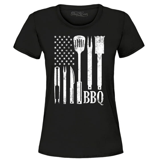 Shop4Ever Women's BBQ American Flag USA Grill Cook Graphic T-Shirt Small Black