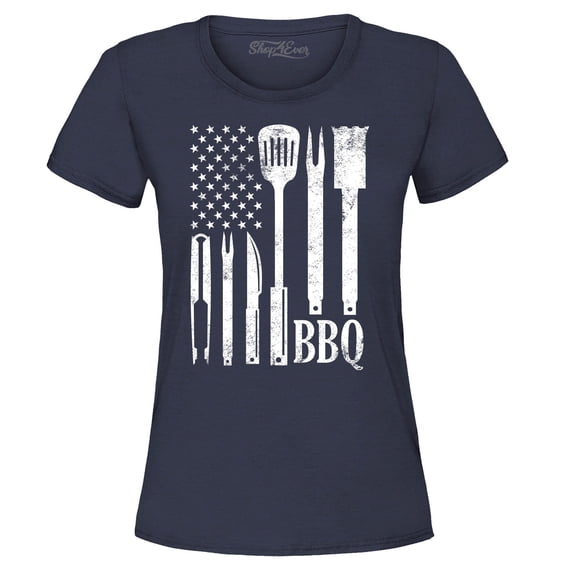 Shop4Ever Women's BBQ American Flag USA Grill Cook Graphic T-Shirt Small Navy
