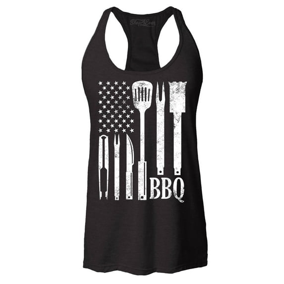 Shop4Ever Women's BBQ American Flag USA Grill Cook Racerback Tank Top Medium Black
