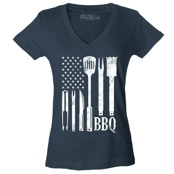 Shop4Ever Women's BBQ American Flag USA Grill Cook Slim Fit V-Neck T-Shirt X-Small Charcoal