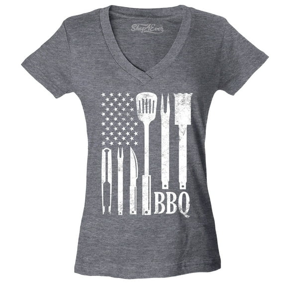 Shop4Ever Women's BBQ American Flag USA Grill Cook Slim Fit V-Neck T-Shirt XX-Large Heather Charcoal
