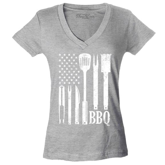 Shop4Ever Women's BBQ American Flag USA Grill Cook Slim Fit V-Neck T-Shirt XX-Large Sports Grey