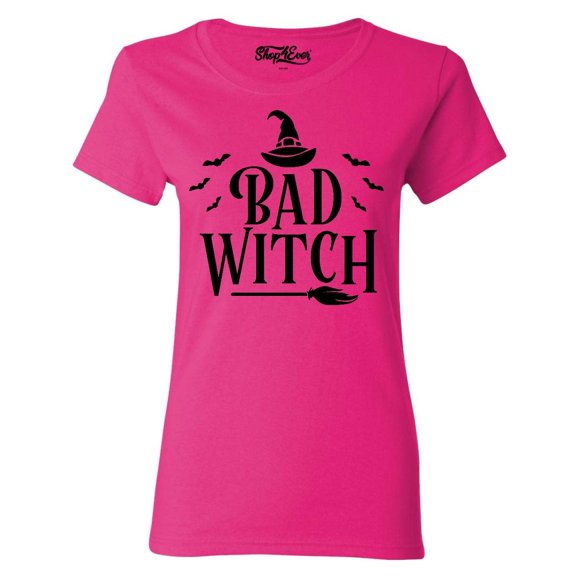 Shop4Ever Women's Bad Witch "BLACK" Halloween Costume Graphic T-Shirt Large Heliconia Pink