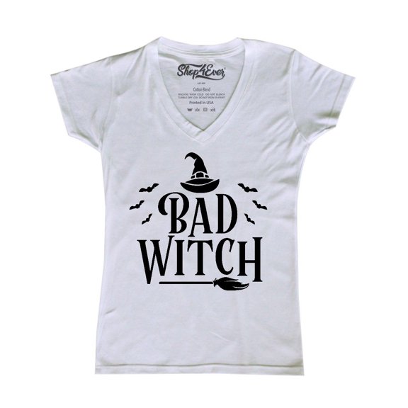 Shop4Ever Women's Bad Witch "BLACK" Halloween Costume Slim Fit V-Neck T-Shirt X-Small White