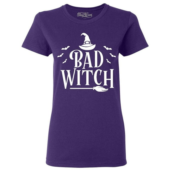 Shop4Ever Women's Bad Witch "WHITE" Halloween Costume Graphic T-Shirt Small Purple