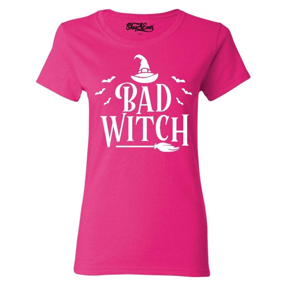Shop4Ever Women's Bad Witch "WHITE" Halloween Costume Graphic T-Shirt X-Large Heliconia Pink