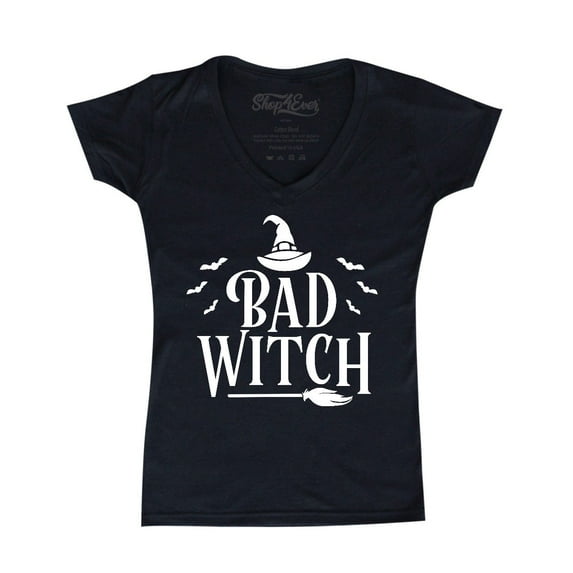 Shop4Ever Women's Bad Witch "WHITE" Halloween Costume Slim Fit V-Neck T-Shirt X-Large Black
