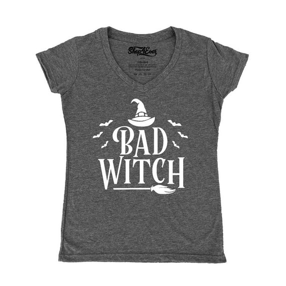 Shop4Ever Women's Bad Witch "WHITE" Halloween Costume Slim Fit V-Neck T-Shirt X-Small Heather Charcoal