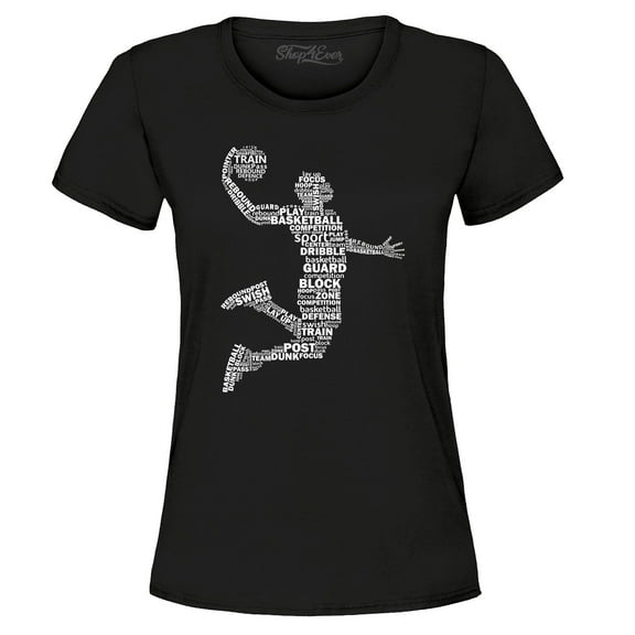 Shop4Ever Women's Basketball Player Dunk Silhouette Word Cloud Graphic T-Shirt Medium Black