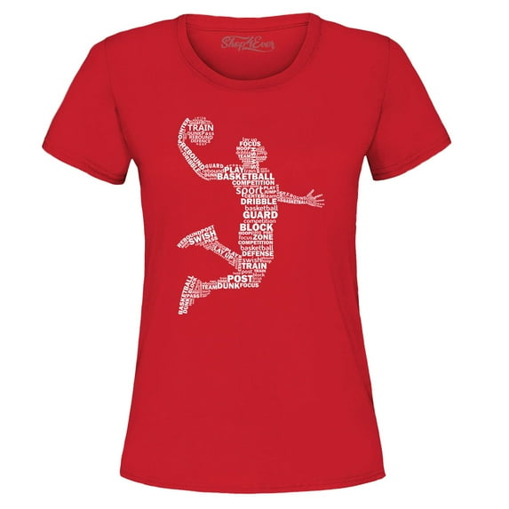 Shop4Ever Women's Basketball Player Dunk Silhouette Word Cloud Graphic T-Shirt Small Red