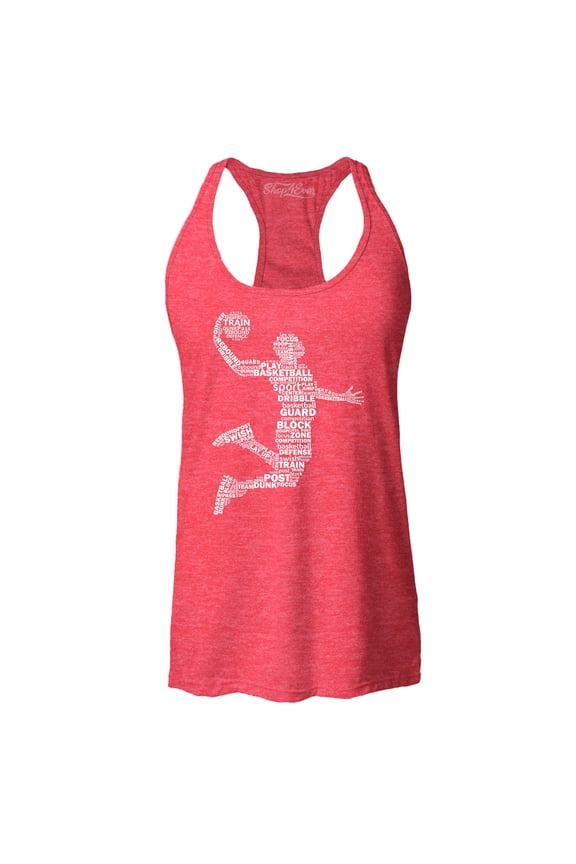 Women's Basketball Player Dunk Silhouette Word Cloud Racerback Tank Top Large Red