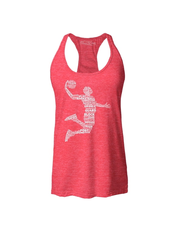 Women's Basketball Player Dunk Silhouette Word Cloud Racerback Tank Top Large Red