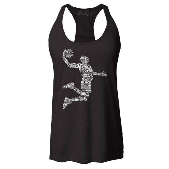 Shop4Ever Women's Basketball Player Dunk Silhouette Word Cloud Racerback Tank Top Medium Black