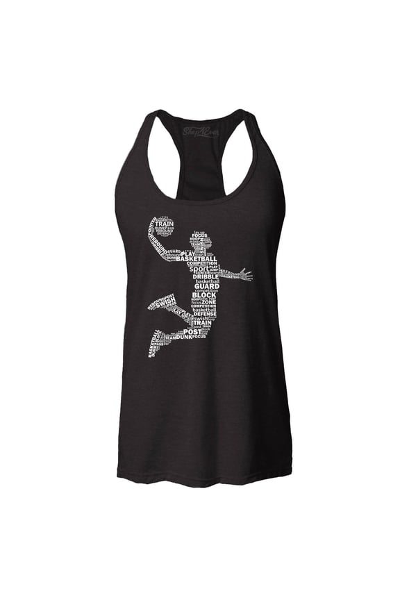Women's Basketball Player Dunk Silhouette Word Cloud Racerback Tank Top X-Small Black