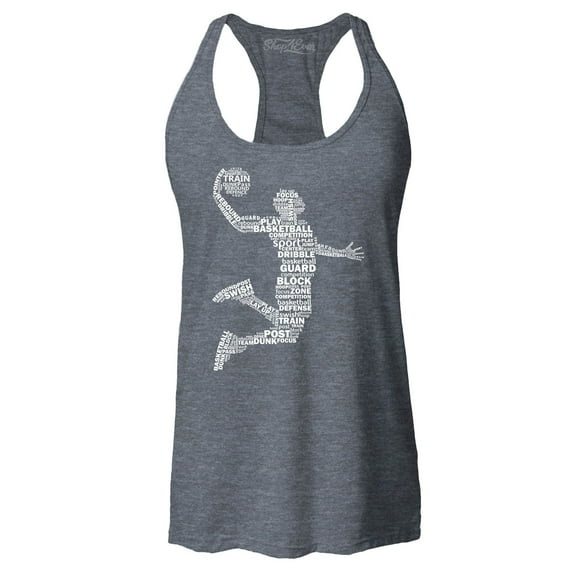 Shop4Ever Women's Basketball Player Dunk Silhouette Word Cloud Racerback Tank Top XX-Large Charcoal
